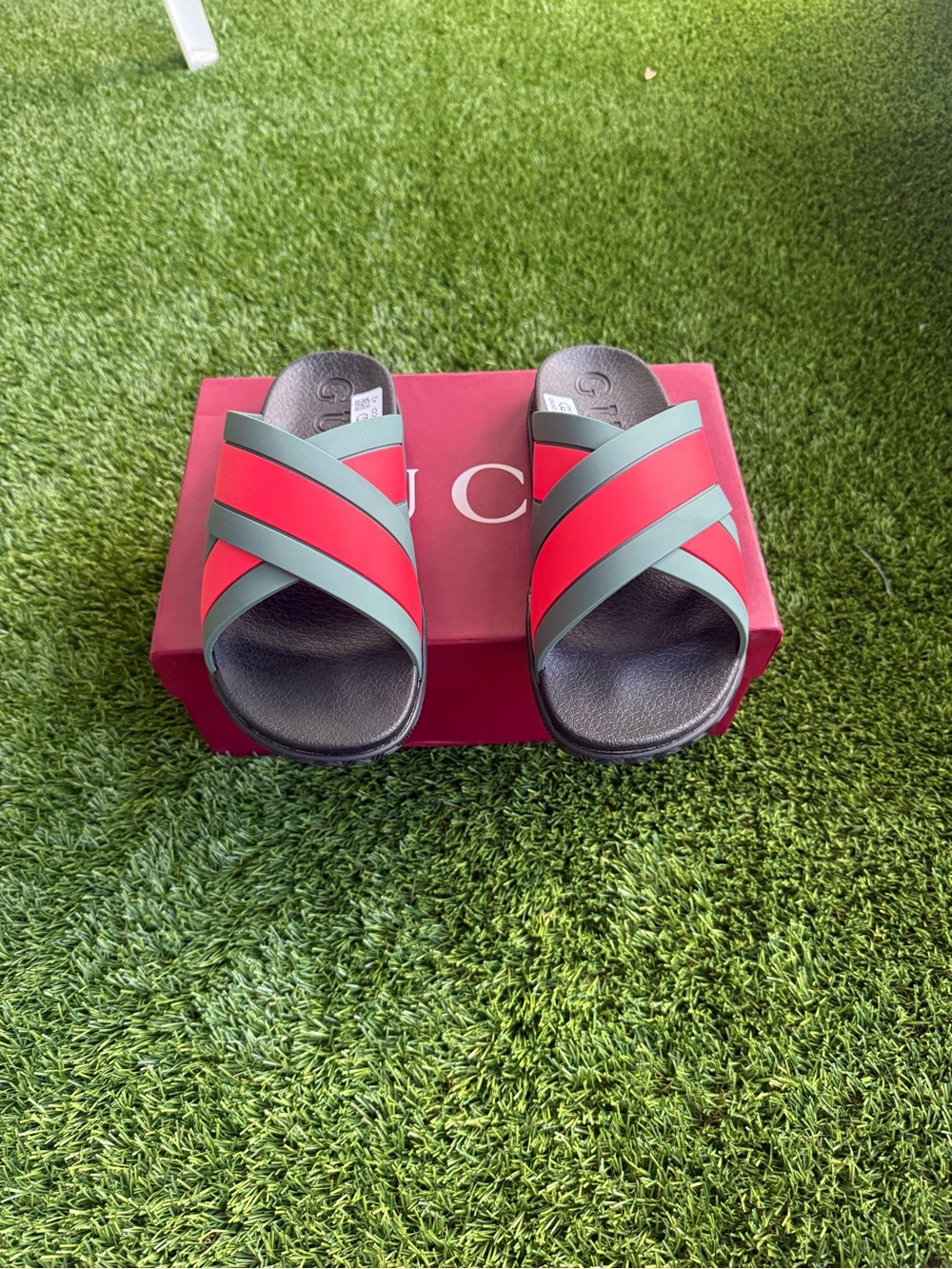 Gucci Red and Green Cross-Strap Slide Sandals